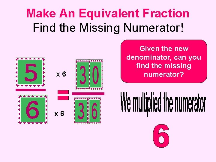 Make An Equivalent Fraction Find the Missing Numerator! x 6 Given the new denominator,