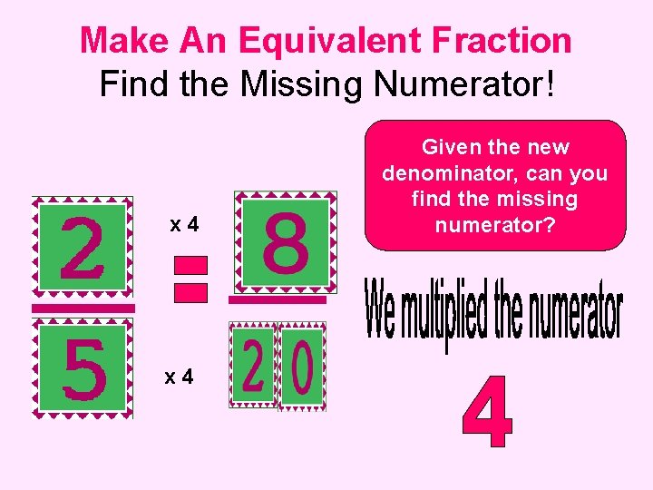 Make An Equivalent Fraction Find the Missing Numerator! x 4 Given the new denominator,