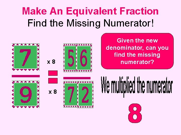 Make An Equivalent Fraction Find the Missing Numerator! x 8 Given the new denominator,