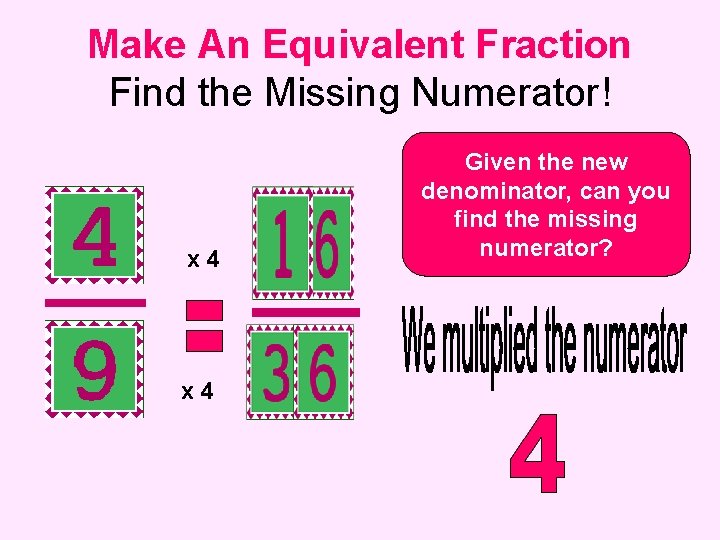 Make An Equivalent Fraction Find the Missing Numerator! x 4 Given the new denominator,