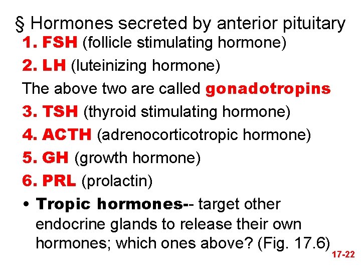 § Hormones secreted by anterior pituitary 1. FSH (follicle stimulating hormone) 2. LH (luteinizing