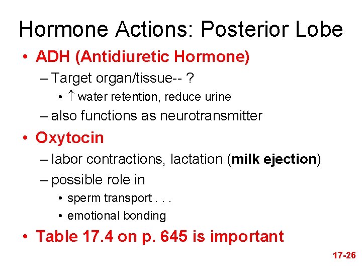Hormone Actions: Posterior Lobe • ADH (Antidiuretic Hormone) – Target organ/tissue-- ? • water