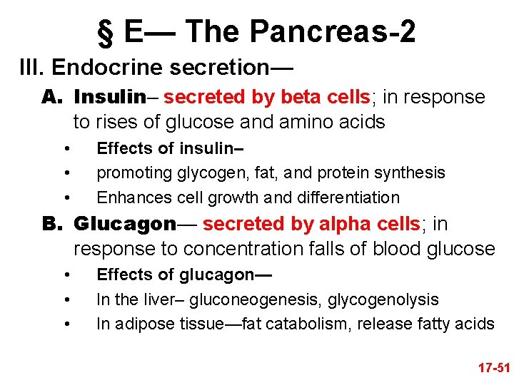 § E— The Pancreas-2 III. Endocrine secretion— A. Insulin– secreted by beta cells; in