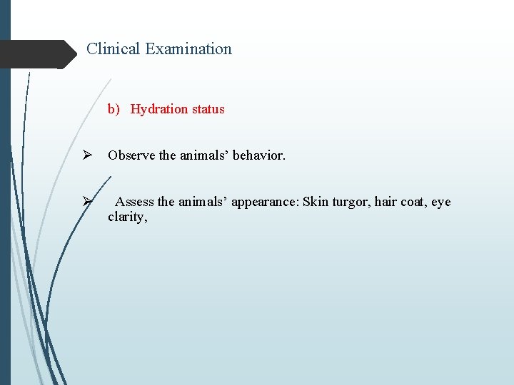Clinical Examination b) Hydration status Ø Observe the animals’ behavior. Ø Assess the animals’