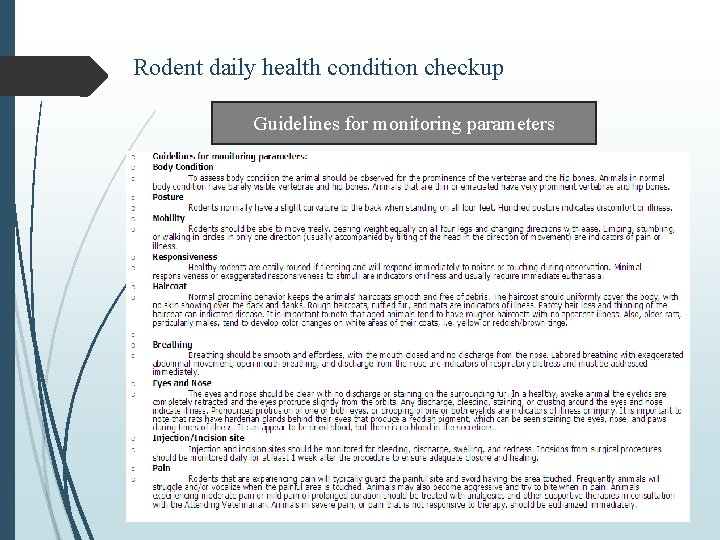 Rodent daily health condition checkup Guidelines for monitoring parameters 