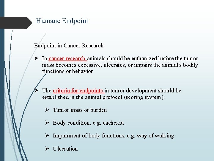 Humane Endpoint in Cancer Research Ø In cancer research animals should be euthanized before