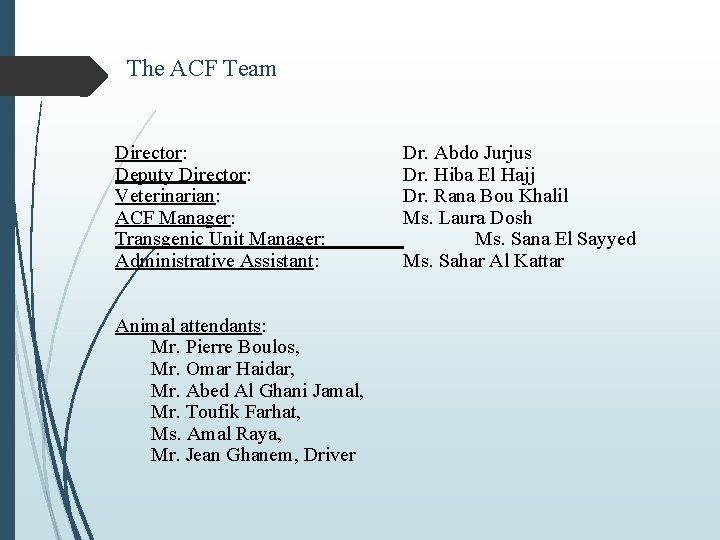  The ACF Team Director: Deputy Director: Veterinarian: ACF Manager: Transgenic Unit Manager: Administrative