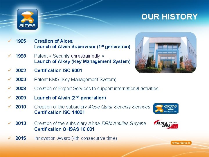 OUR HISTORY ü 1995 Creation of Alcea Launch of Alwin Supervisor (1 st generation)