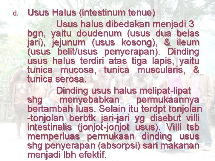d. Usus Halus (intestinum tenue) Usus halus dibedakan menjadi 3 bgn, yaitu doudenum (usus