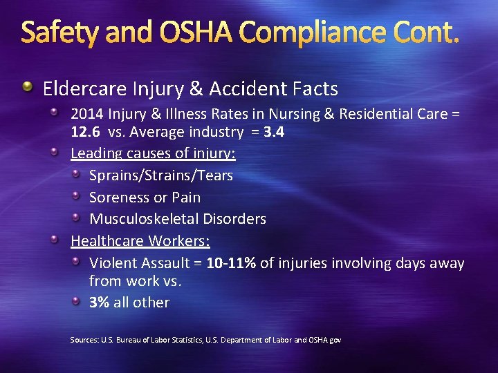 Safety and OSHA Compliance Cont. Eldercare Injury & Accident Facts 2014 Injury & Illness