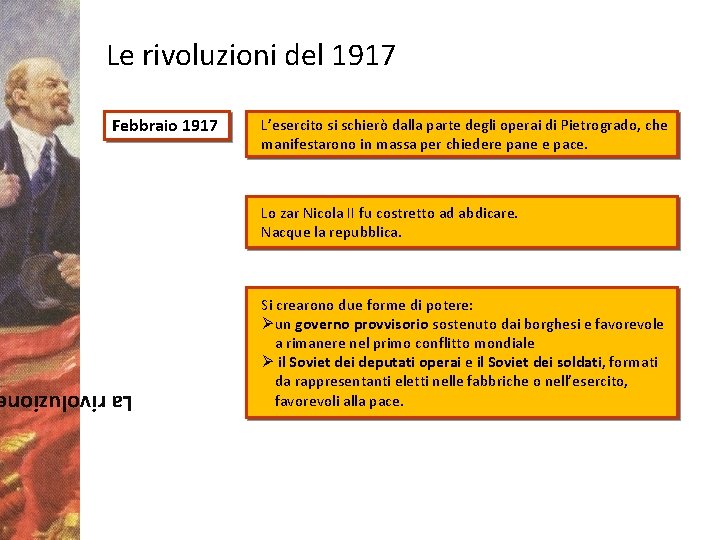 Le rivoluzioni del 1917 Febbraio 1917 L’esercito si schierò dalla parte degli operai di