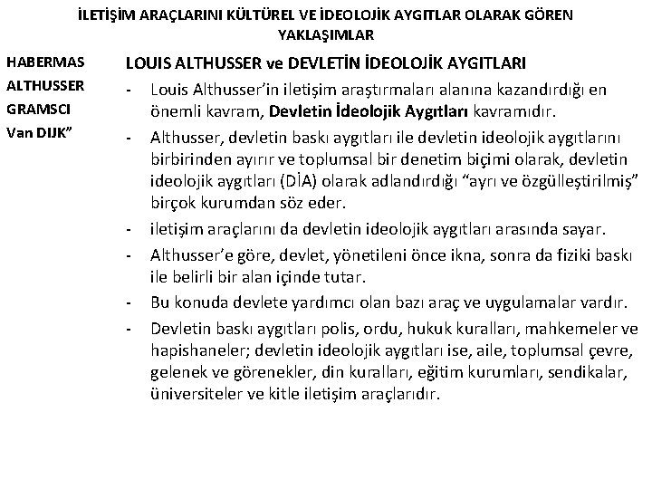 İLETİŞİM ARAÇLARINI KÜLTÜREL VE İDEOLOJİK AYGITLAR OLARAK GÖREN YAKLAŞIMLAR HABERMAS ALTHUSSER GRAMSCI Van DIJK”