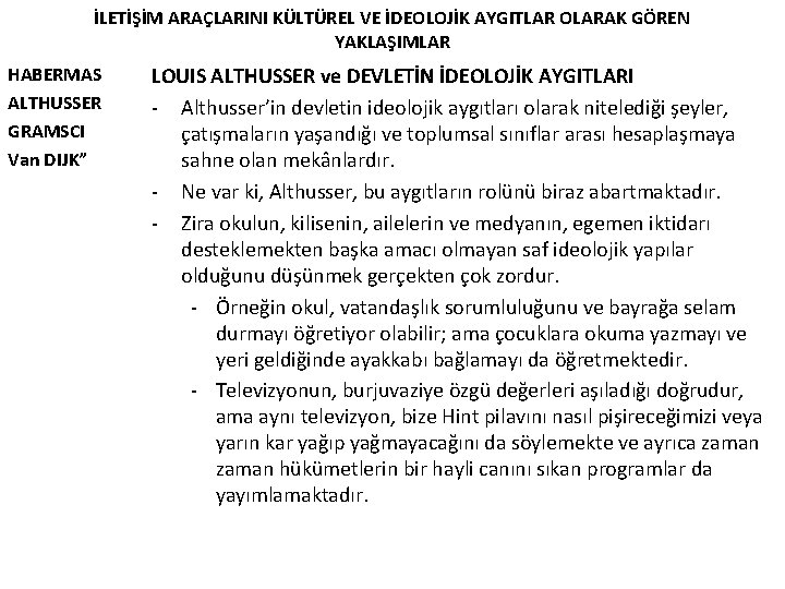 İLETİŞİM ARAÇLARINI KÜLTÜREL VE İDEOLOJİK AYGITLAR OLARAK GÖREN YAKLAŞIMLAR HABERMAS ALTHUSSER GRAMSCI Van DIJK”