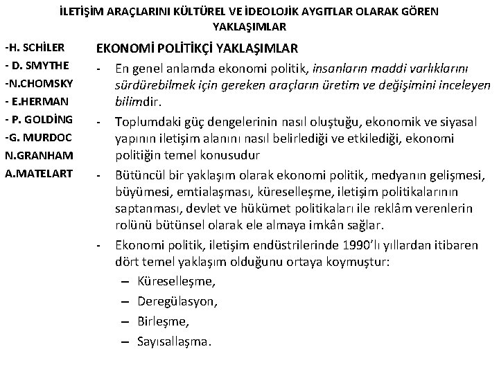 İLETİŞİM ARAÇLARINI KÜLTÜREL VE İDEOLOJİK AYGITLAR OLARAK GÖREN YAKLAŞIMLAR -H. SCHİLER - D. SMYTHE