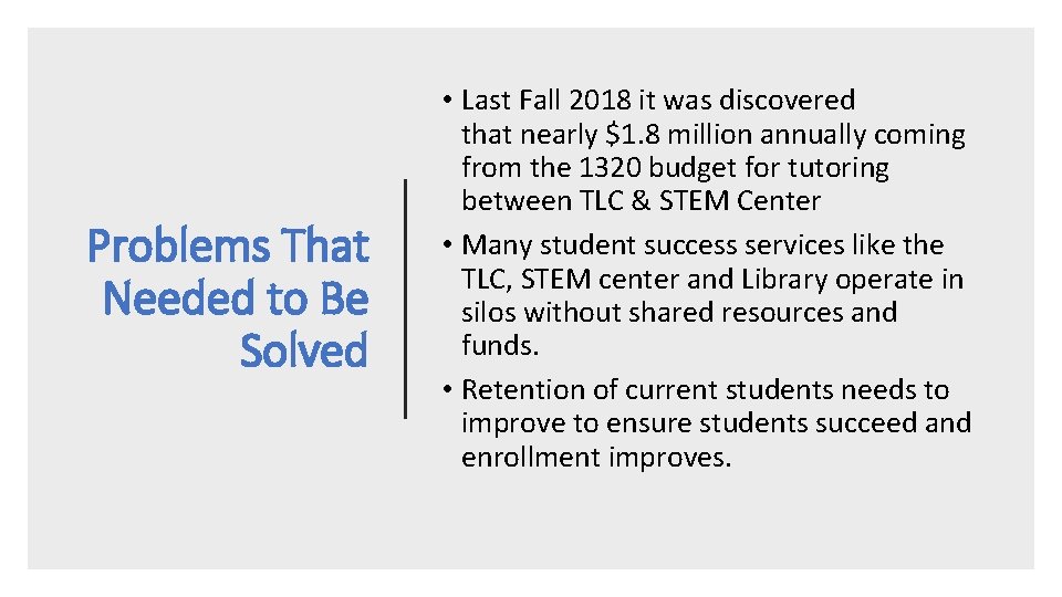 Problems That Needed to Be Solved • Last Fall 2018 it was discovered that
