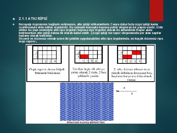  2. 1. 1 ATKI RİPSİ Bezayağı örgüsünün bağlantı noktasının, atkı ipliği istikametinde 2