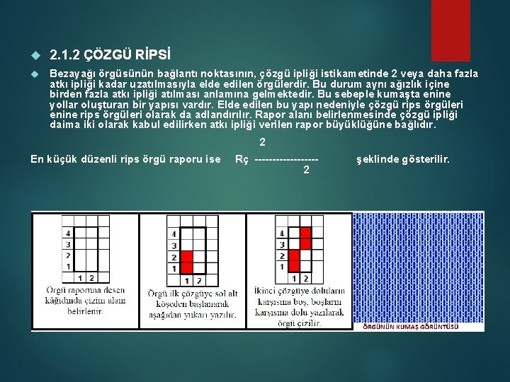  2. 1. 2 ÇÖZGÜ RİPSİ Bezayağı örgüsünün bağlantı noktasının, çözgü ipliği istikametinde 2