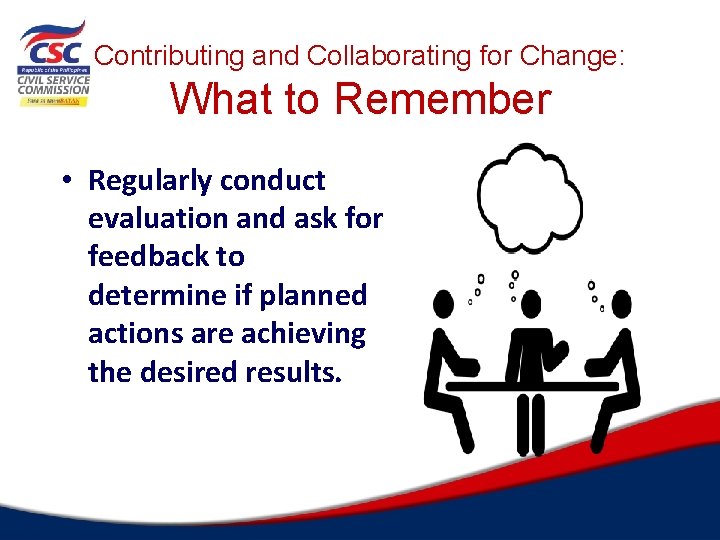 Contributing and Collaborating for Change: What to Remember • Regularly conduct evaluation and ask