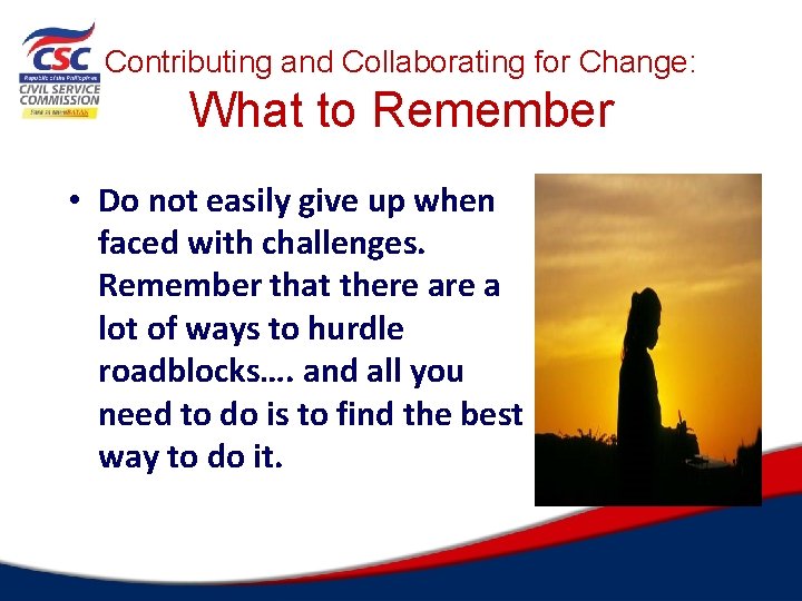 Contributing and Collaborating for Change: What to Remember • Do not easily give up