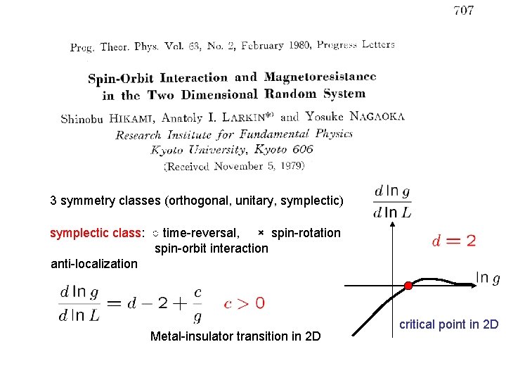 3 symmetry classes (orthogonal, unitary, symplectic) symplectic class: ○ time-reversal, × spin-rotation spin-orbit interaction 3 symmetry classes (orthogonal, unitary, symplectic) symplectic class: ○ time-reversal, × spin-rotation spin-orbit interaction