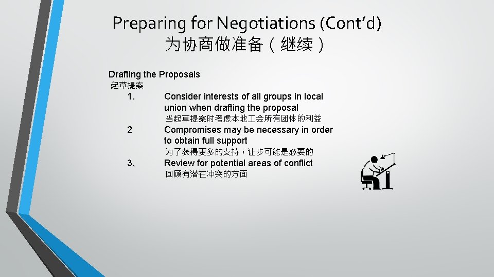 Preparing for Negotiations (Cont’d) 为协商做准备（继续） Drafting the Proposals 起草提案 1. Consider interests of all