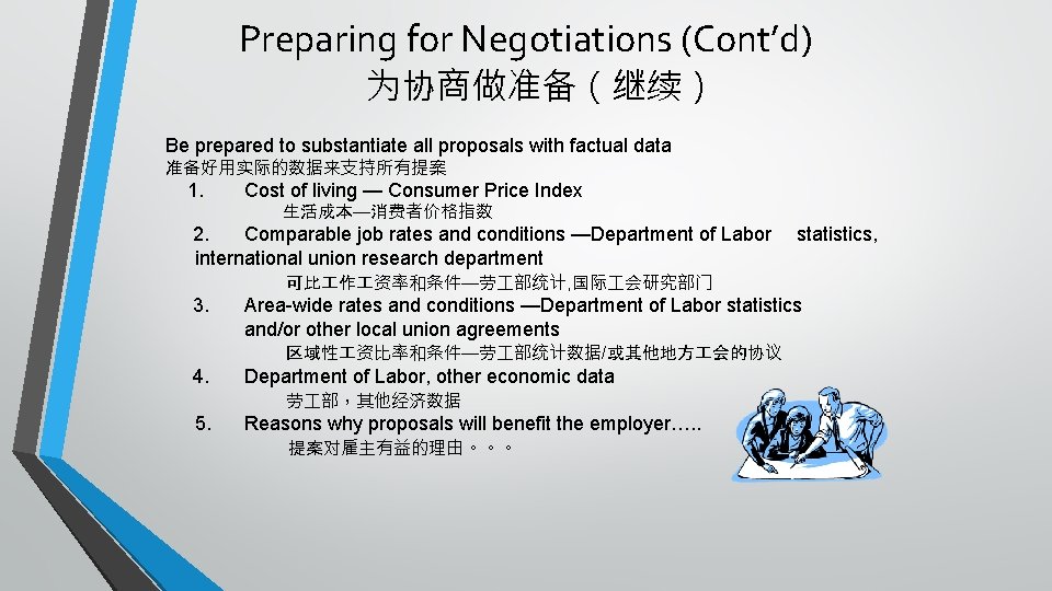 Preparing for Negotiations (Cont’d) 为协商做准备（继续） Be prepared to substantiate all proposals with factual data