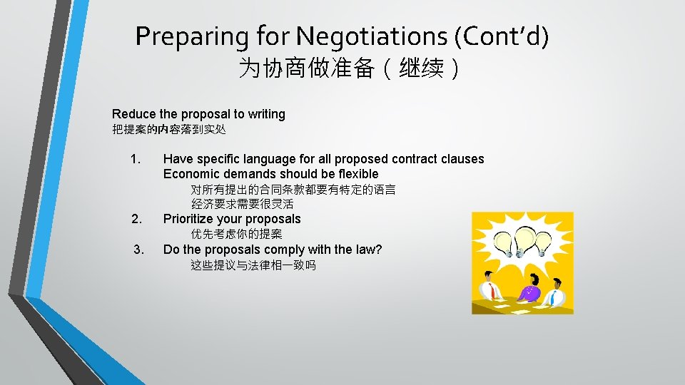 Preparing for Negotiations (Cont’d) 为协商做准备（继续） Reduce the proposal to writing 把提案的内容落到实处 1. Have specific
