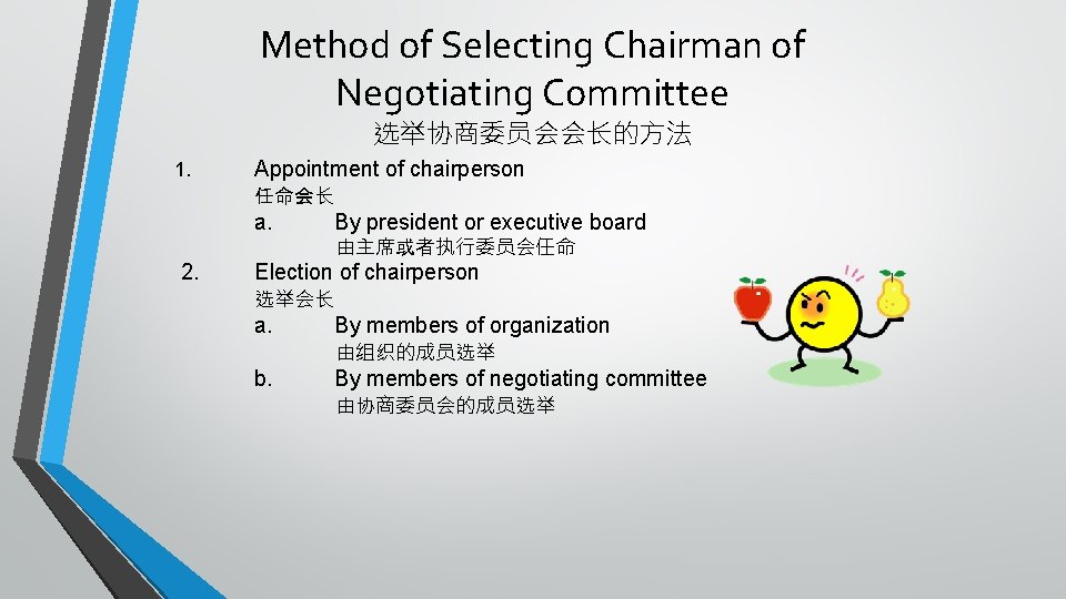 Method of Selecting Chairman of Negotiating Committee 选举协商委员会会长的方法 1. Appointment of chairperson 任命会长 a.