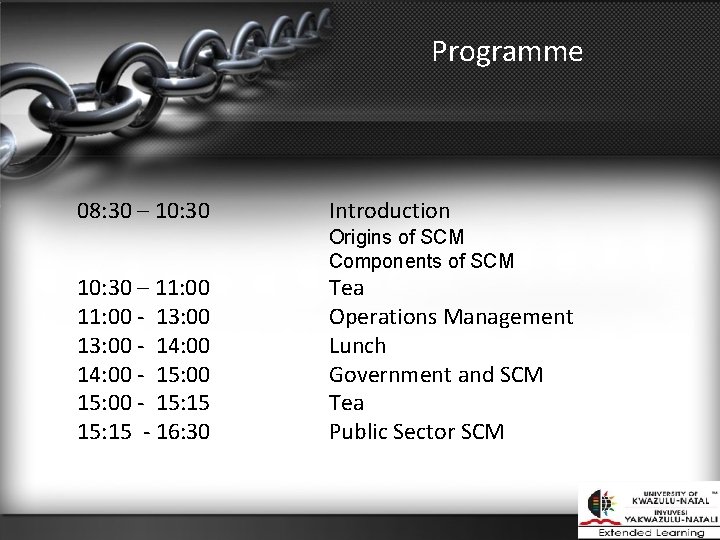 Programme 08: 30 – 10: 30 Introduction Origins of SCM Components of SCM 10: