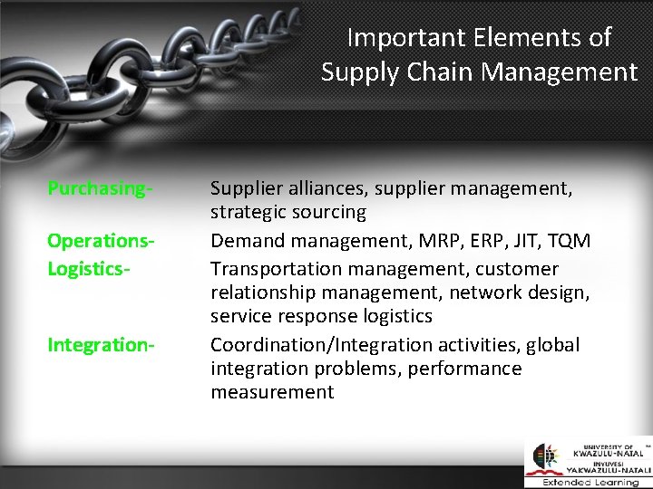 Important Elements of Supply Chain Management Purchasing. Operations. Logistics. Integration- Supplier alliances, supplier management,