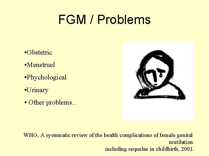 FGM / Problems • Obstetric • Menstruel • Phychological • Urinary • Other problems.