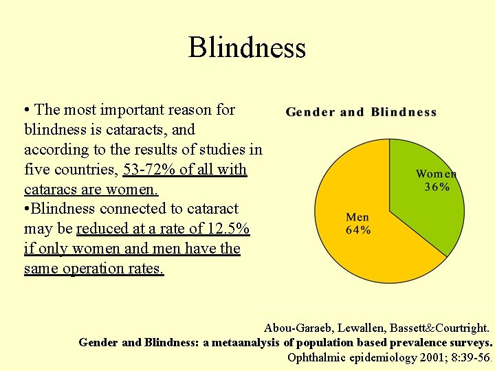 Blindness • The most important reason for blindness is cataracts, and according to the