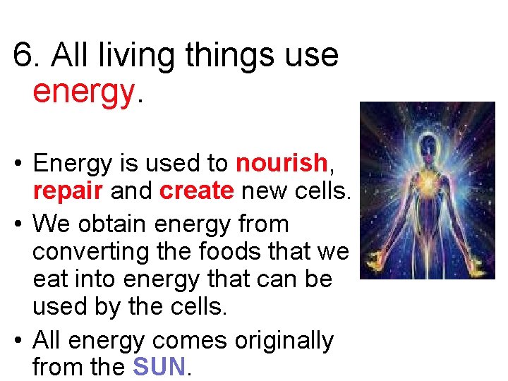 6. All living things use energy. • Energy is used to nourish, repair and 6. All living things use energy. • Energy is used to nourish, repair and