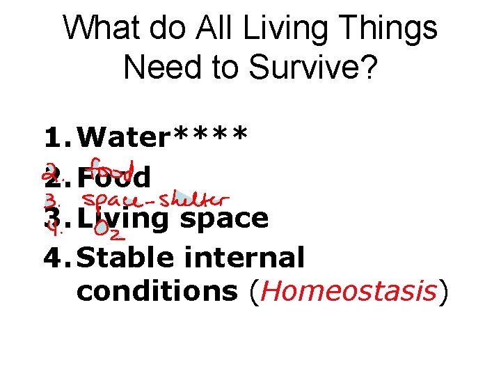 What do All Living Things Need to Survive? 1. Water**** 2. Food 3. Living What do All Living Things Need to Survive? 1. Water**** 2. Food 3. Living
