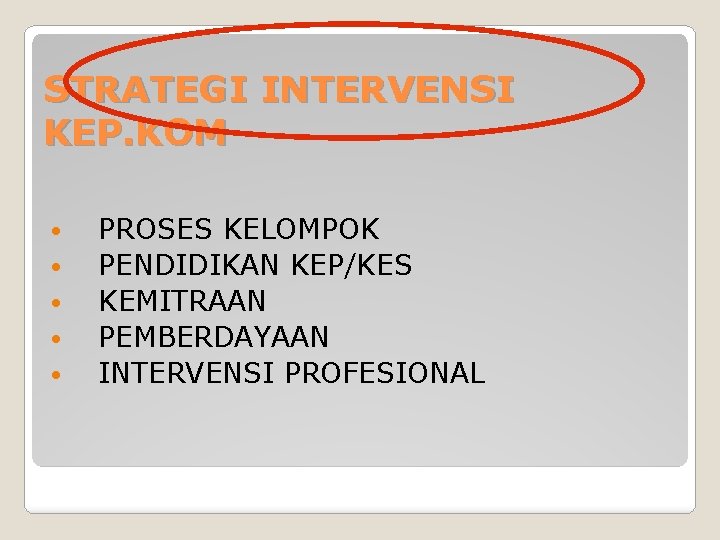 STRATEGI INTERVENSI KEP. KOM • • • PROSES KELOMPOK PENDIDIKAN KEP/KES KEMITRAAN PEMBERDAYAAN INTERVENSI STRATEGI INTERVENSI KEP. KOM • • • PROSES KELOMPOK PENDIDIKAN KEP/KES KEMITRAAN PEMBERDAYAAN INTERVENSI