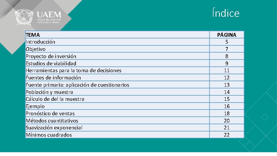 Índice TEMA Introducción Objetivo Proyecto de inversión Estudios de viabilidad Herramientas para la toma