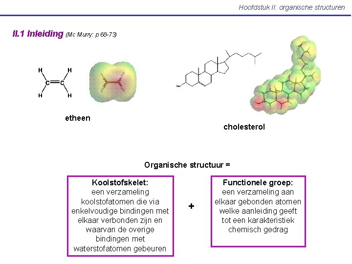 Hoofdstuk II: organische structuren II. 1 Inleiding (Mc Murry: p 68 -73) etheen cholesterol