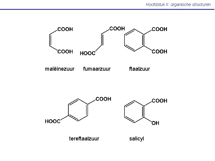 Hoofdstuk II: organische structuren malëinezuur fumaarzuur tereftaalzuur salicyl 
