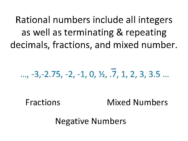 Rational numbers include all integers as well as terminating & repeating decimals, fractions, and