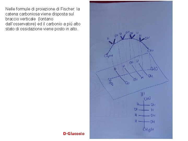 Nelle formule di proiezione di Fischer: la catena carboniosa viene disposta sul braccio verticale