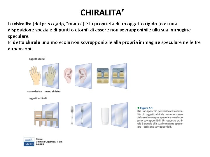 CHIRALITA’ La chiralità (dal greco χείρ, "mano") è la proprietà di un oggetto rigido