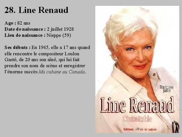 28. Line Renaud Age : 82 ans Date de naissance : 2 juillet 1928