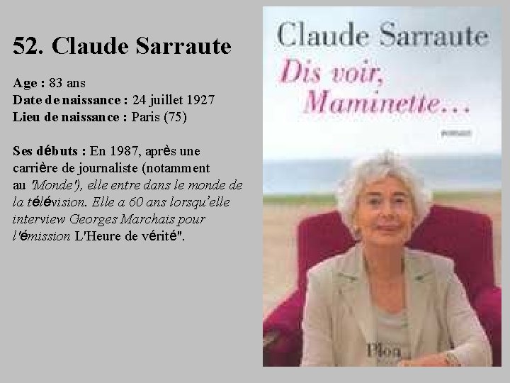 52. Claude Sarraute Age : 83 ans Date de naissance : 24 juillet 1927
