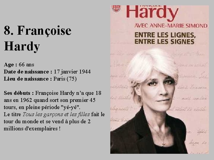 8. Françoise Hardy Age : 66 ans Date de naissance : 17 janvier 1944