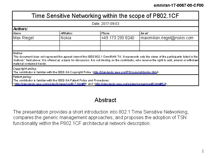 omniran-17 -0067 -00 -CF 00 Time Sensitive Networking within the scope of P 802.