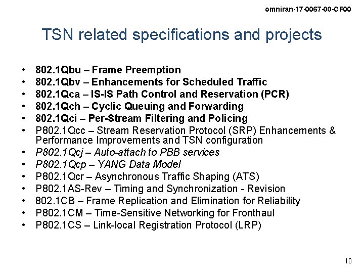 omniran-17 -0067 -00 -CF 00 TSN related specifications and projects • • • •