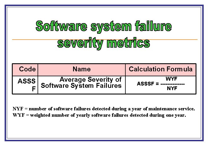 Code Name Average Severity of ASSS Software System Failures F Calculation Formula WYF ASSSF