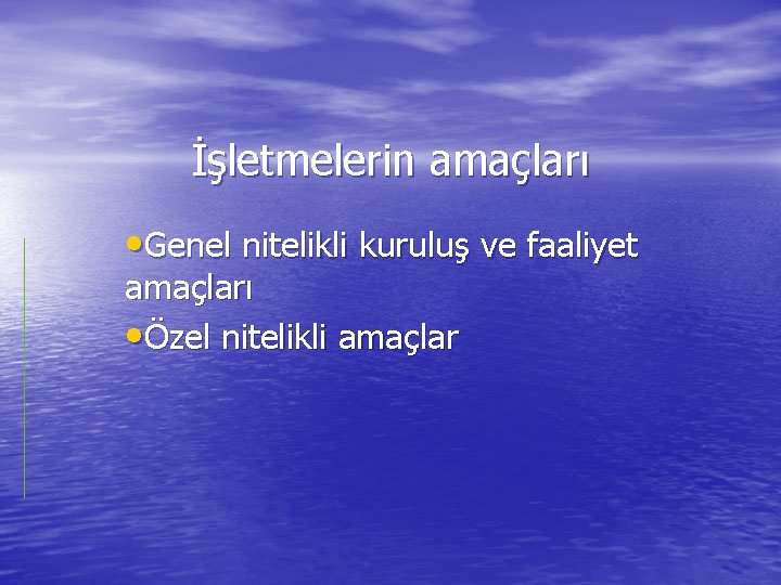 İşletmelerin amaçları • Genel nitelikli kuruluş ve faaliyet amaçları • Özel nitelikli amaçlar 