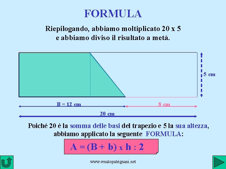 FORMULA Riepilogando, abbiamo moltiplicato 20 x 5 e abbiamo diviso il risultato a metà.