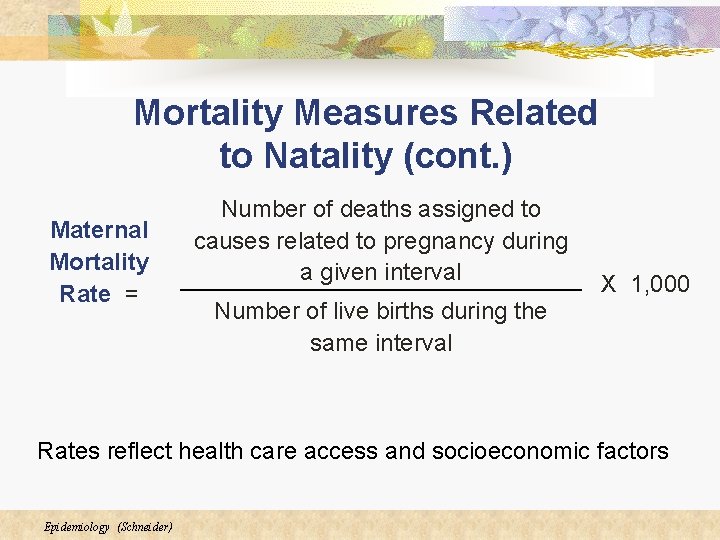 Mortality Measures Related to Natality (cont. ) Maternal Mortality Rate = Number of deaths Mortality Measures Related to Natality (cont. ) Maternal Mortality Rate = Number of deaths